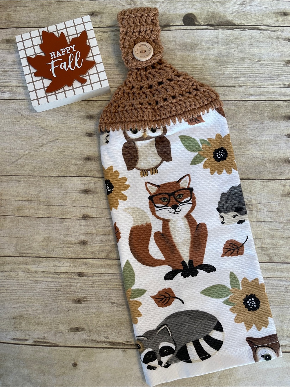 Fox & Fall Colors Crochet Top Hanging Single Thickness Towel Handmade W Love